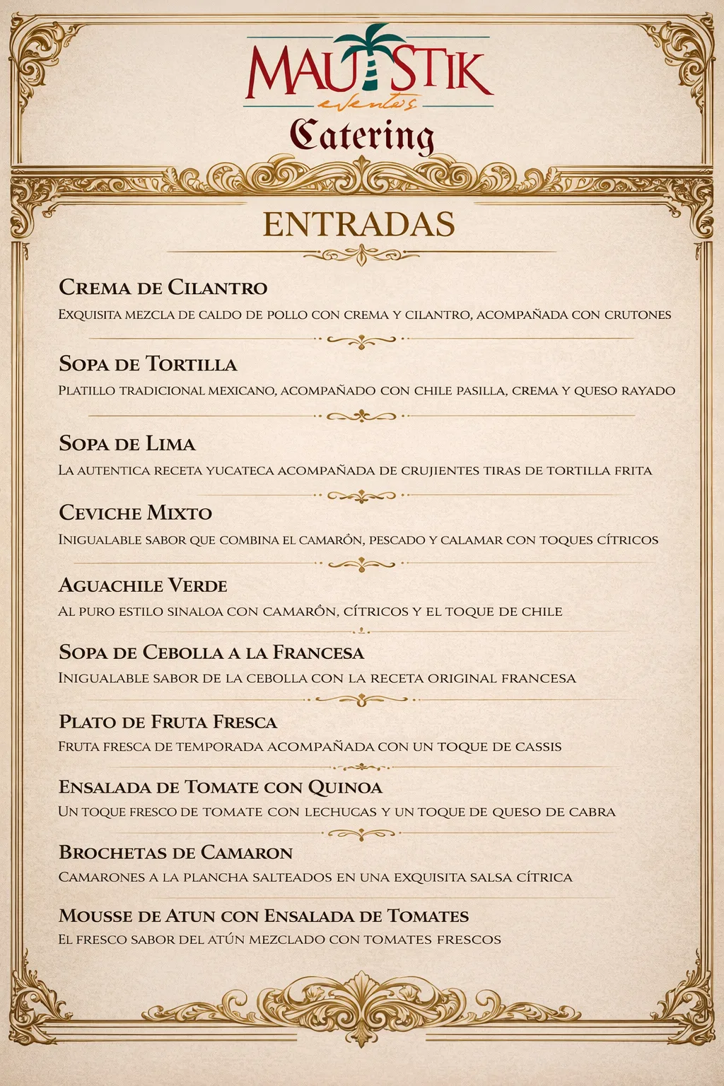 Menú de entradas para banquete por tiempos