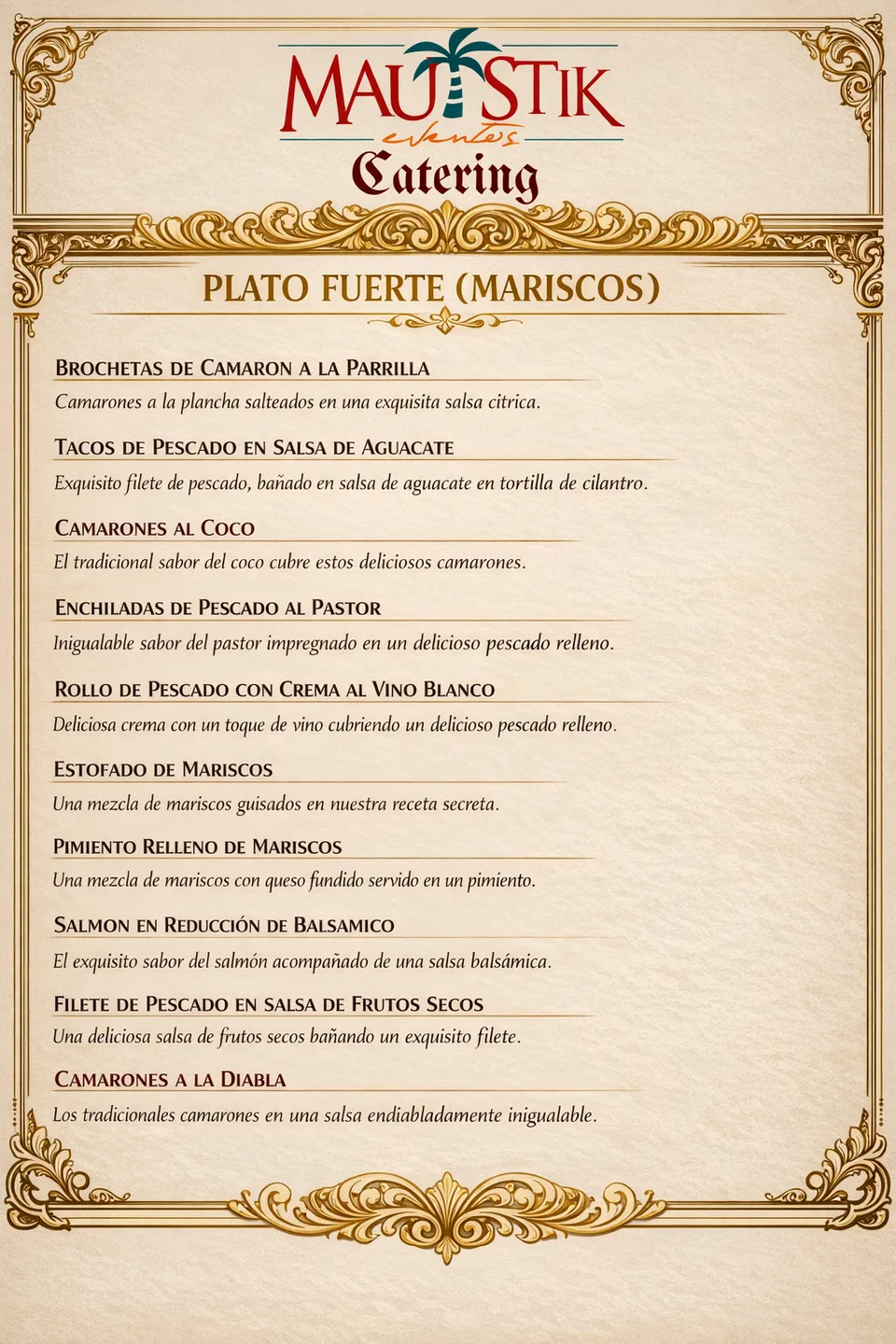 Plato fuerte de mariscos para buffet en Cancún