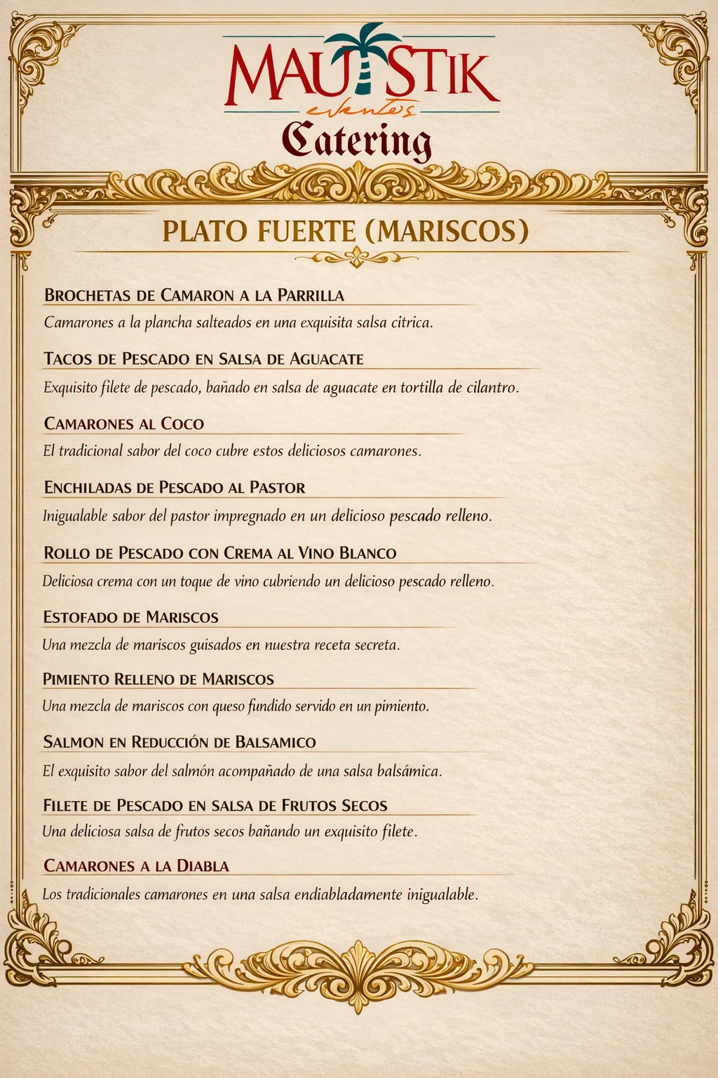 Menú plato fuerte de mariscos para banquete por tiempos