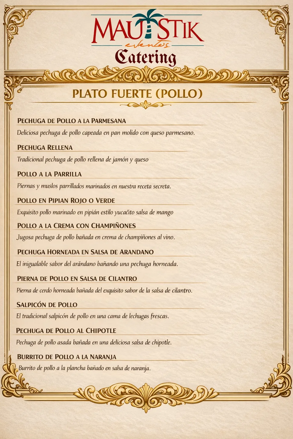 Plato fuerte de pollo para buffet en Cancún