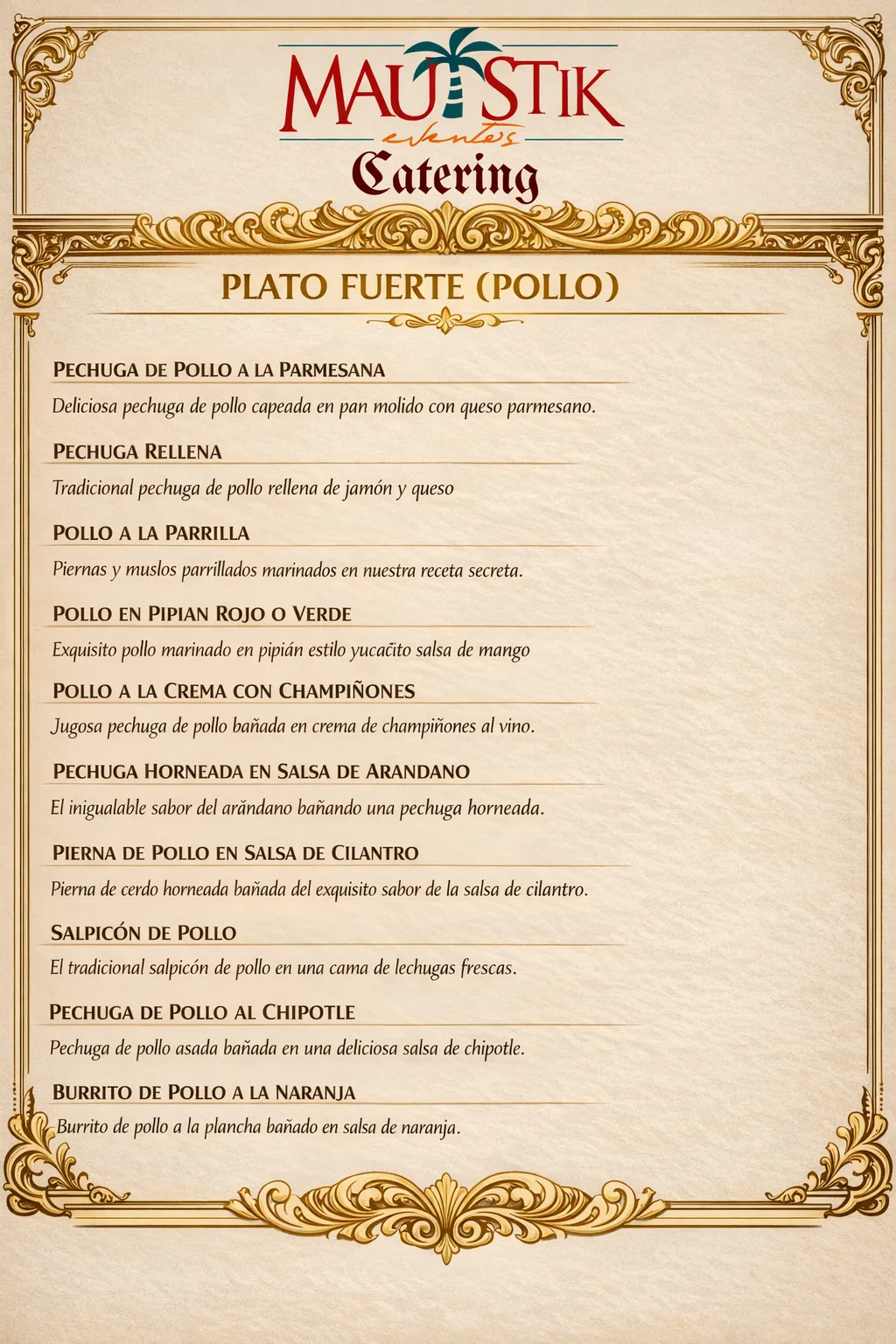 Menú plato fuerte de pollo para banquete por tiempos