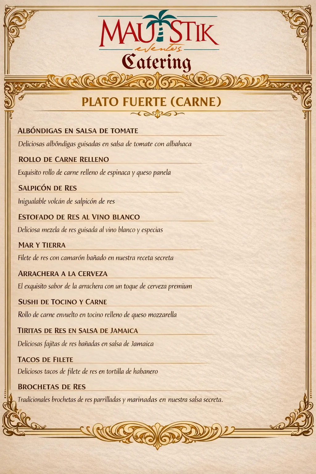 Menú plato fuerte de res para banquete por tiempos