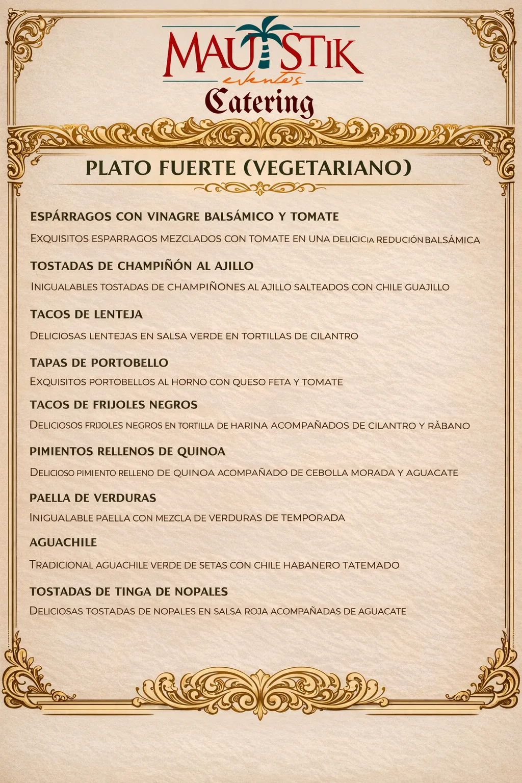 Menú plato fuerte vegetariano para banquete por tiempos