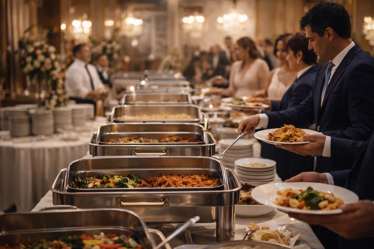Buffet para eventos en Cancún con montaje profesional y barra de alimentos