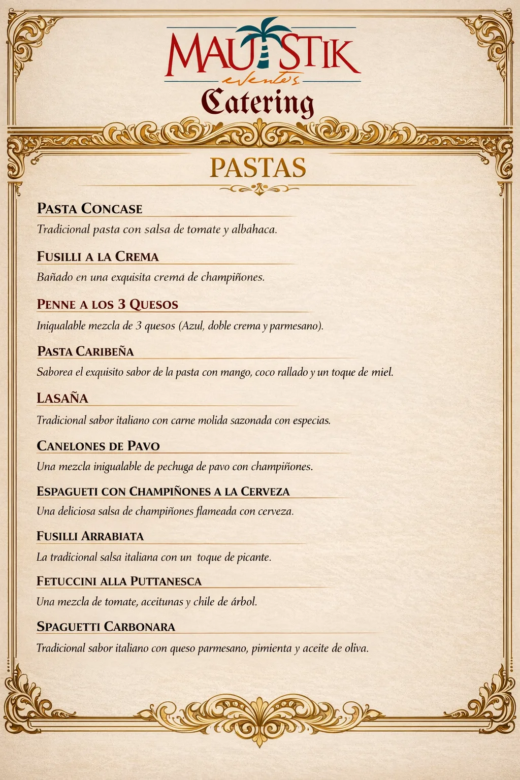 Menú de pastas para banquete por tiempos