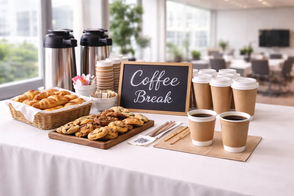 Montaje de coffee break con desechables