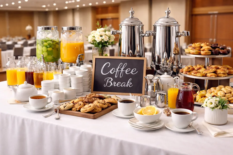 Coffee break con loza y cristalería en montaje de barra