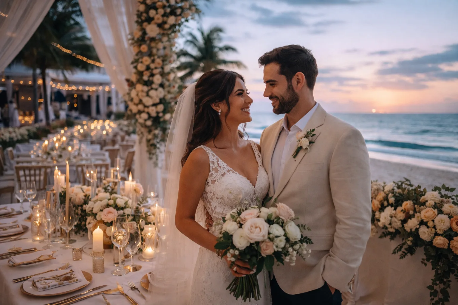 Boda frente al mar en Cancún con montaje elegante al atardecer.